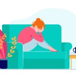 Mladá depresívna žena na sedačke